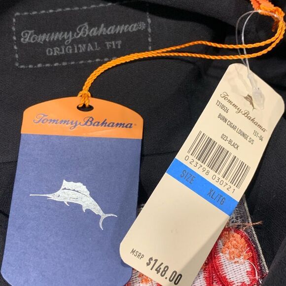 Tommy Bahama Black Burn Cigar Lounge Camp Embroidered Panel Back Shirt - Picture 5 of 7